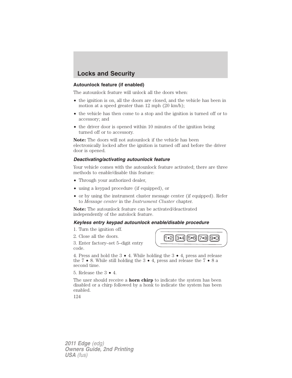 Autounlock feature (if enabled), Deactivating/activating autounlock feature, Locks and security | FORD 2011 Edge v.2 User Manual | Page 124 / 394