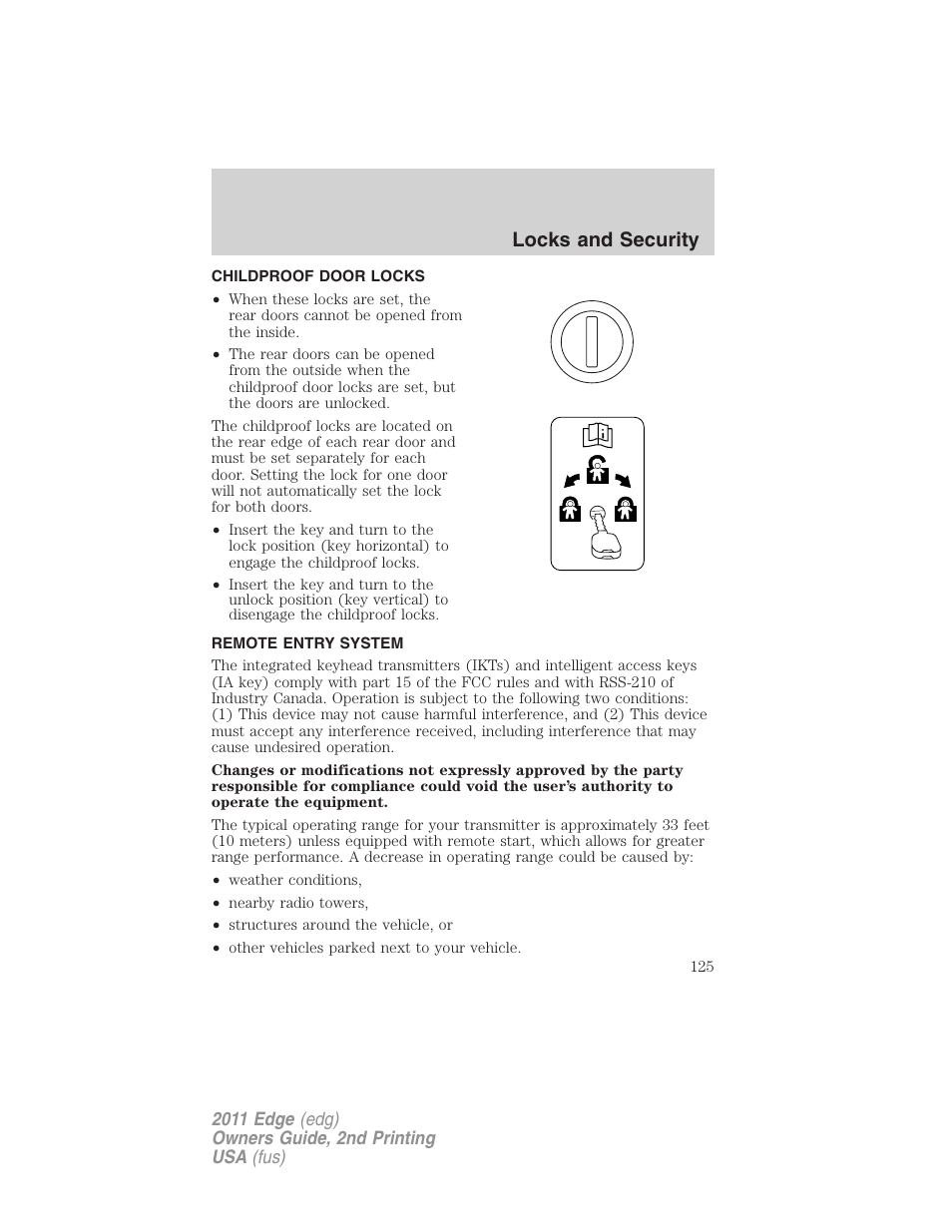 Childproof door locks, Remote entry system, Locks and security | FORD 2011 Edge v.2 User Manual | Page 125 / 394