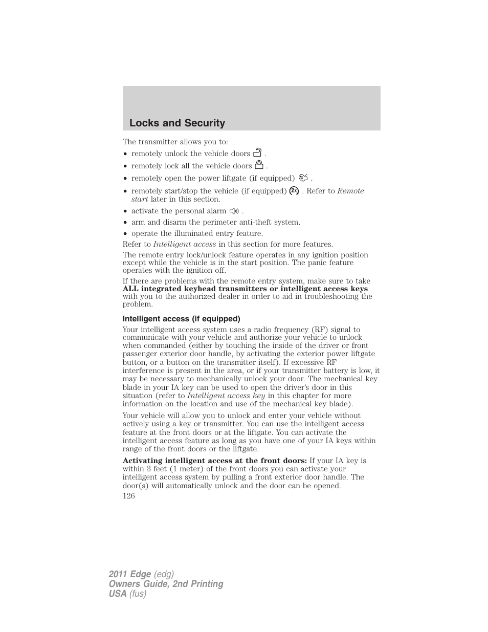 Intelligent access (if equipped), Locks and security | FORD 2011 Edge v.2 User Manual | Page 126 / 394