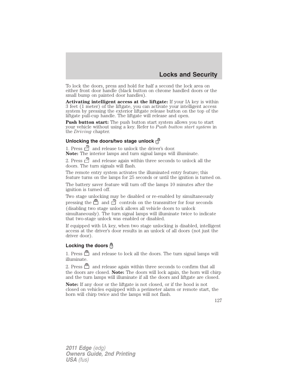 Unlocking the doors/two stage unlock, Locking the doors, Locks and security | FORD 2011 Edge v.2 User Manual | Page 127 / 394