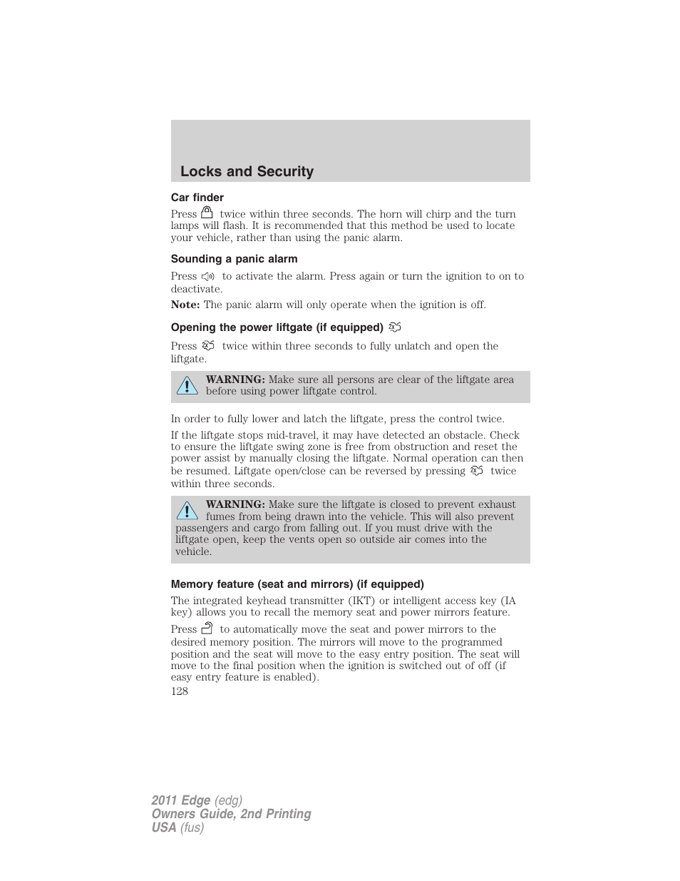 Car finder, Sounding a panic alarm, Opening the power liftgate (if equipped) | Memory feature (seat and mirrors) (if equipped), Locks and security | FORD 2011 Edge v.2 User Manual | Page 128 / 394