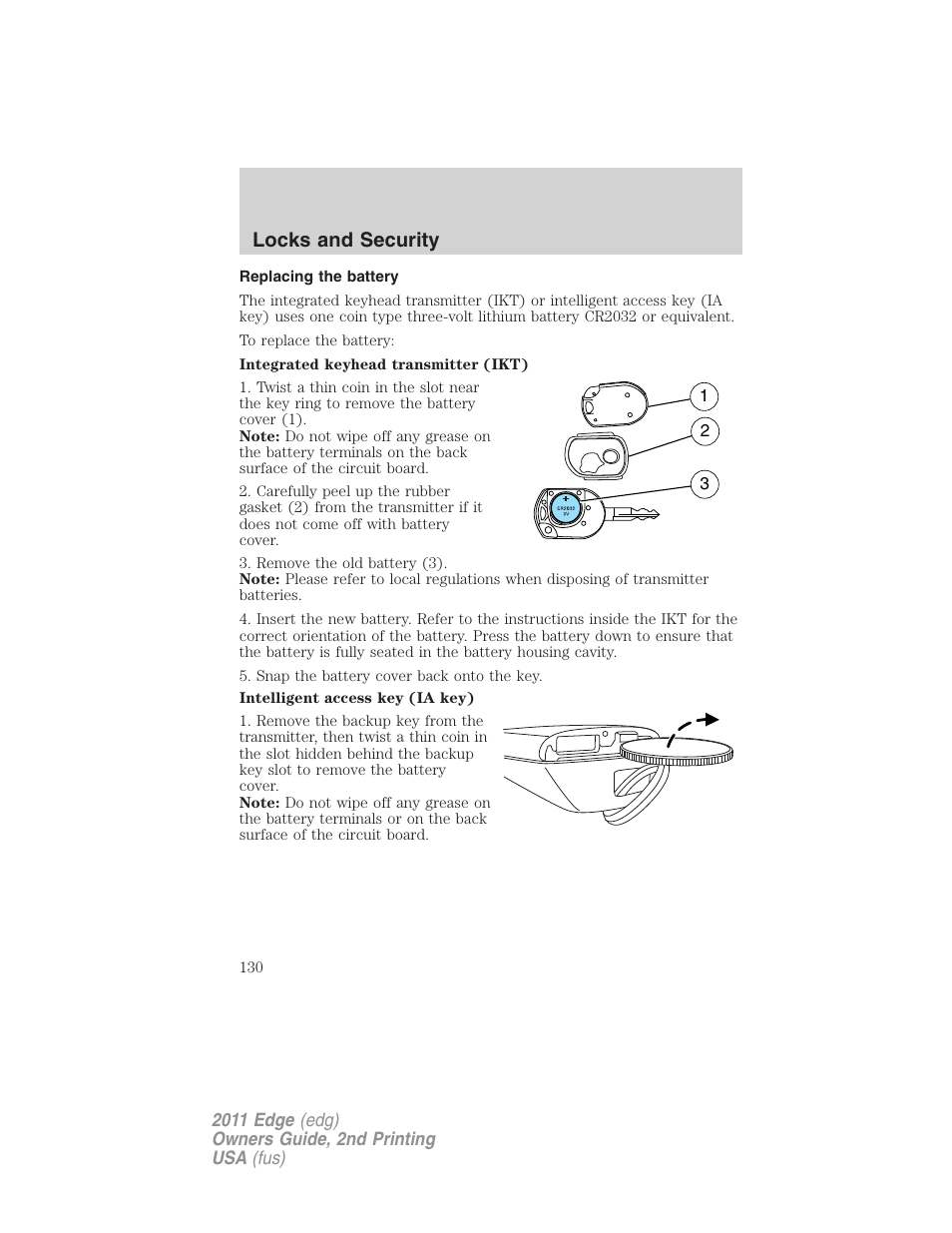 Replacing the battery, Locks and security | FORD 2011 Edge v.2 User Manual | Page 130 / 394
