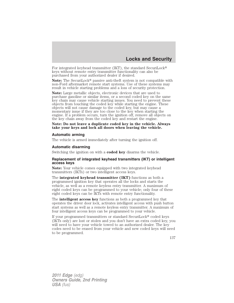 Automatic arming, Automatic disarming, Locks and security | FORD 2011 Edge v.2 User Manual | Page 137 / 394