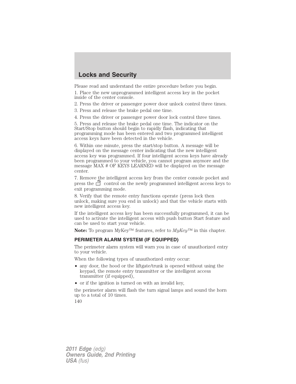 Perimeter alarm system (if equipped), Locks and security | FORD 2011 Edge v.2 User Manual | Page 140 / 394