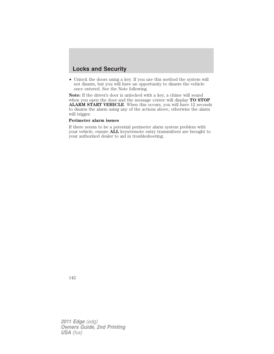 Locks and security | FORD 2011 Edge v.2 User Manual | Page 142 / 394