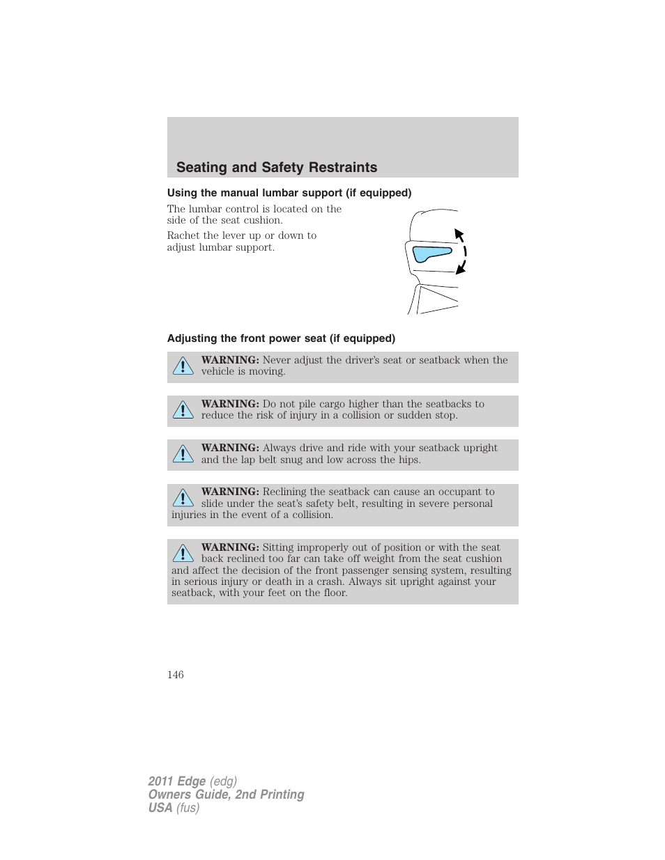 Using the manual lumbar support (if equipped), Adjusting the front power seat (if equipped), Seating and safety restraints | FORD 2011 Edge v.2 User Manual | Page 146 / 394