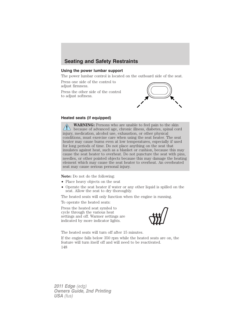 Using the power lumbar support, Heated seats (if equipped), Seating and safety restraints | FORD 2011 Edge v.2 User Manual | Page 148 / 394