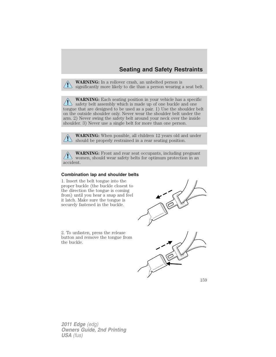 Combination lap and shoulder belts, Seating and safety restraints | FORD 2011 Edge v.2 User Manual | Page 159 / 394