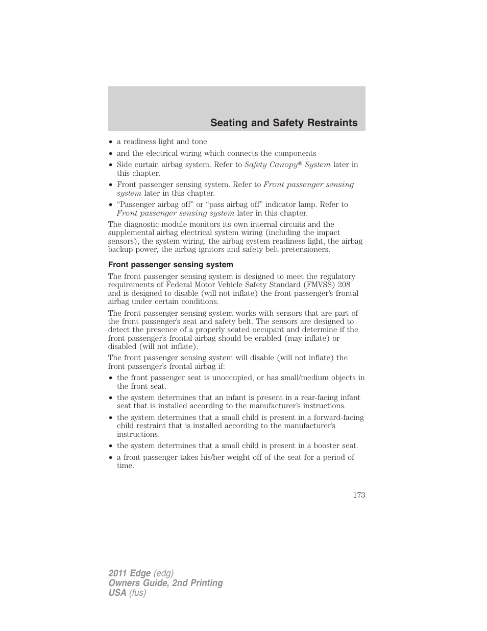 Front passenger sensing system, Seating and safety restraints | FORD 2011 Edge v.2 User Manual | Page 173 / 394