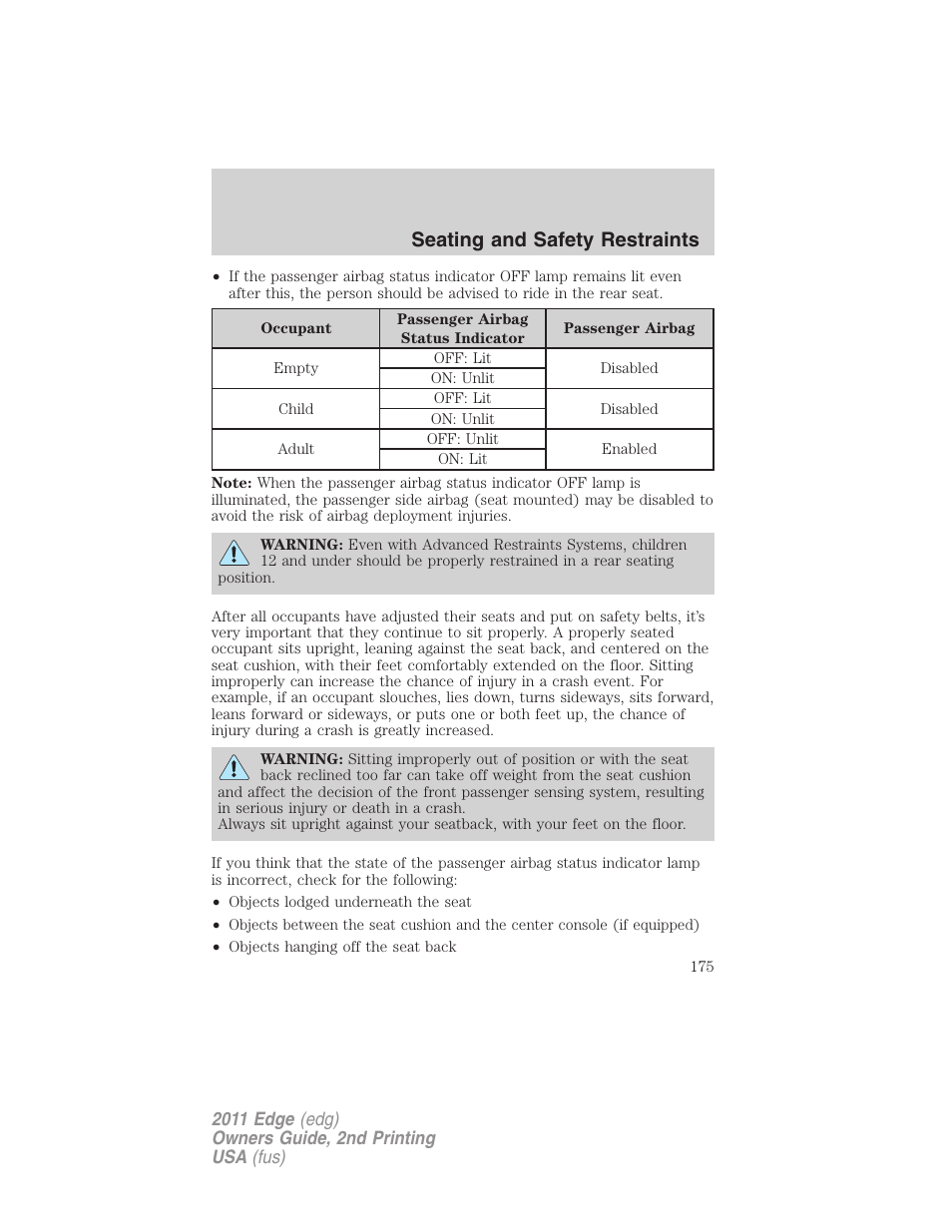 Seating and safety restraints | FORD 2011 Edge v.2 User Manual | Page 175 / 394