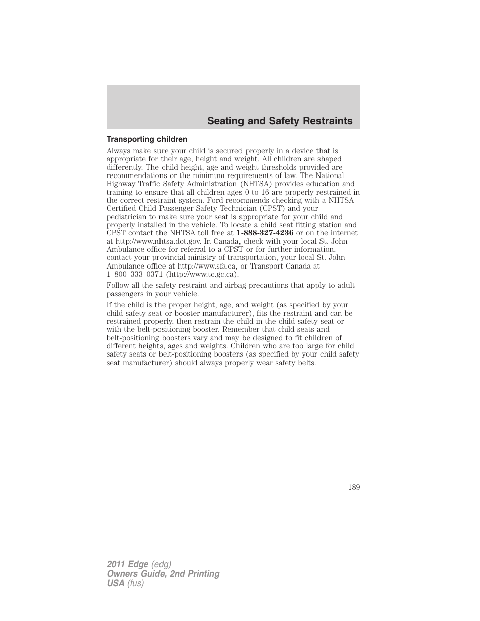 Transporting children, Seating and safety restraints | FORD 2011 Edge v.2 User Manual | Page 189 / 394