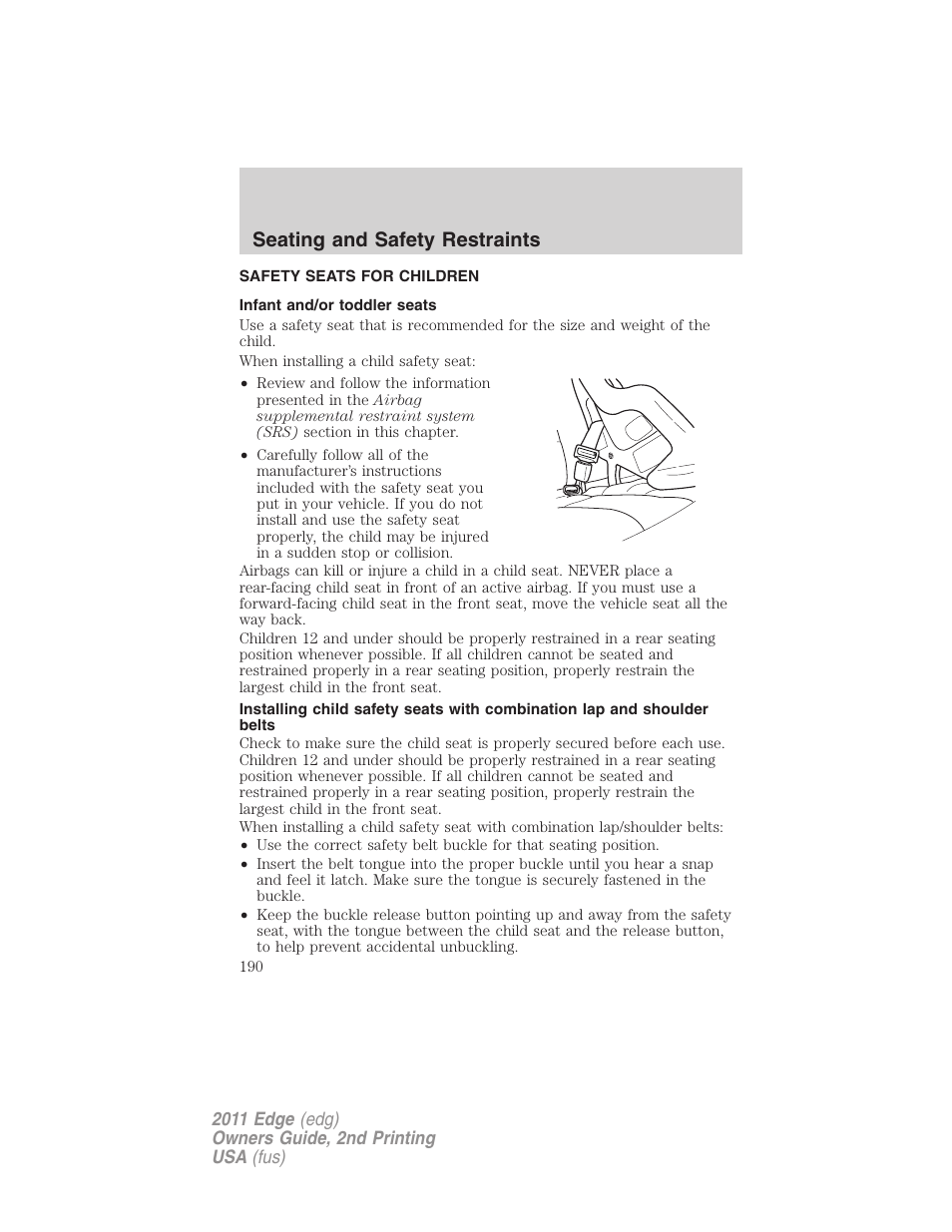 Safety seats for children, Infant and/or toddler seats, Seating and safety restraints | FORD 2011 Edge v.2 User Manual | Page 190 / 394