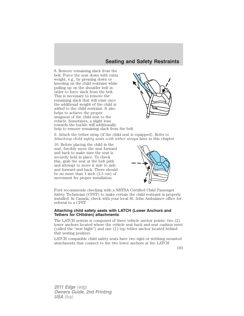 Seating and safety restraints | FORD 2011 Edge v.2 User Manual | Page 193 / 394
