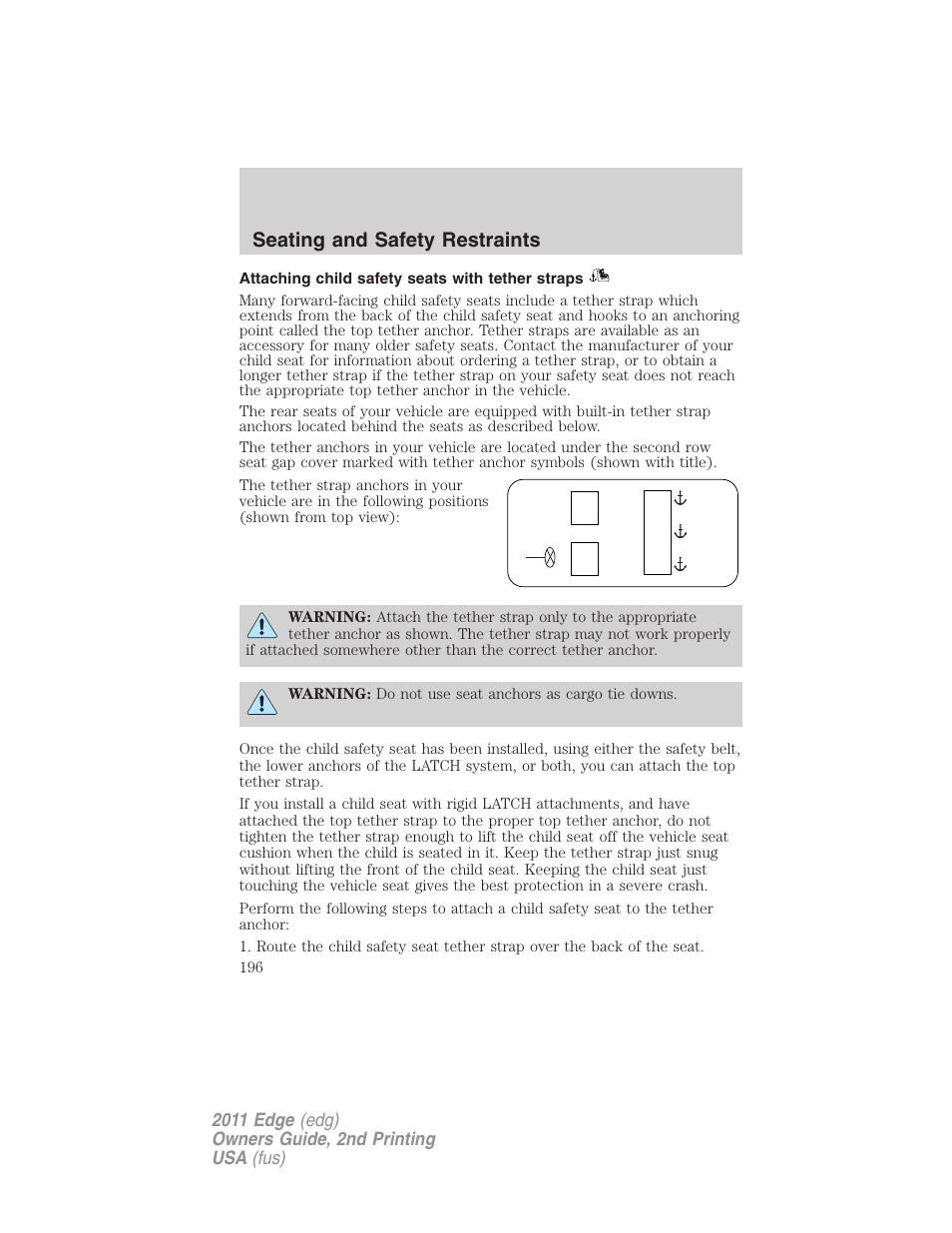 Attaching child safety seats with tether straps, Seating and safety restraints | FORD 2011 Edge v.2 User Manual | Page 196 / 394