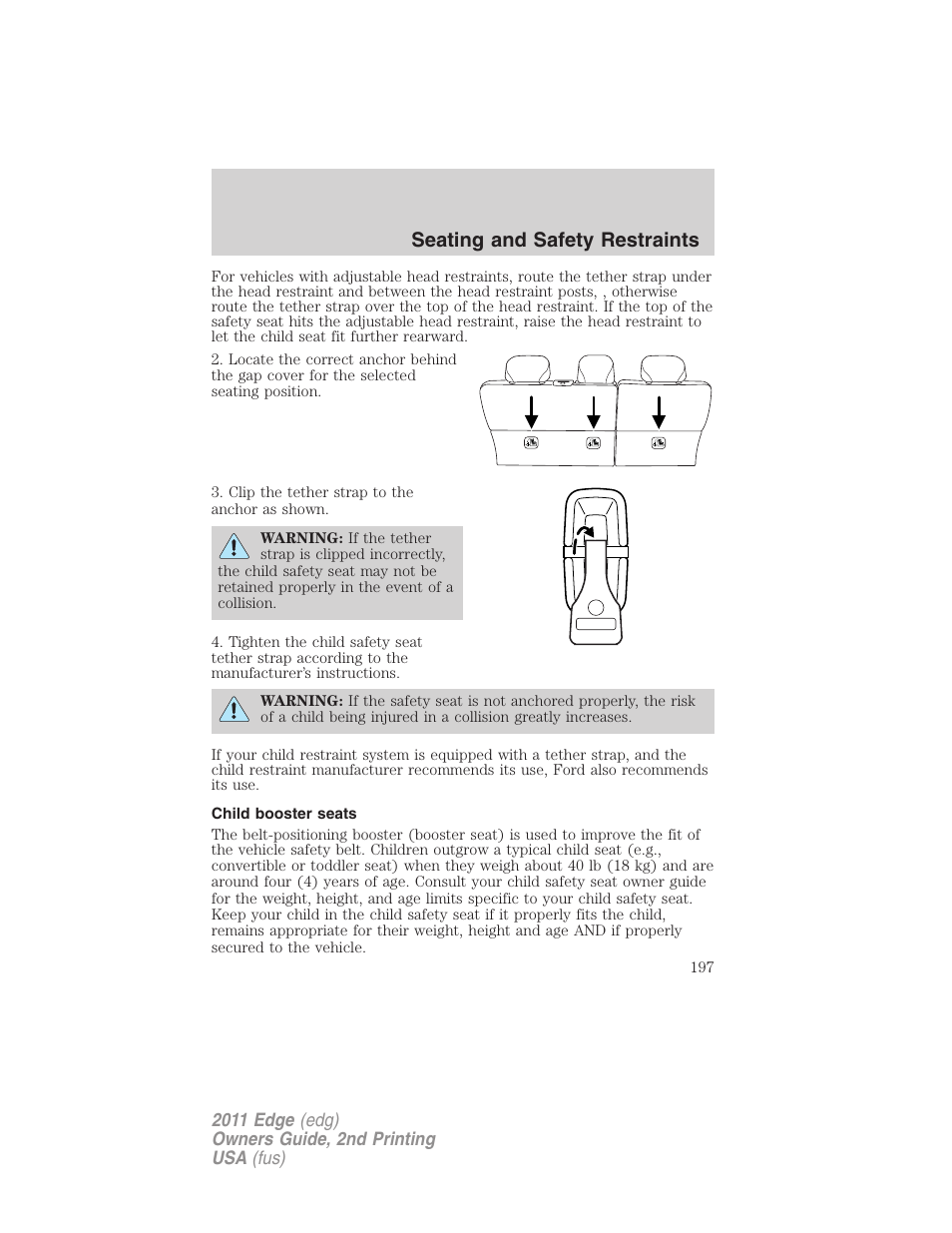 Child booster seats, Seating and safety restraints | FORD 2011 Edge v.2 User Manual | Page 197 / 394