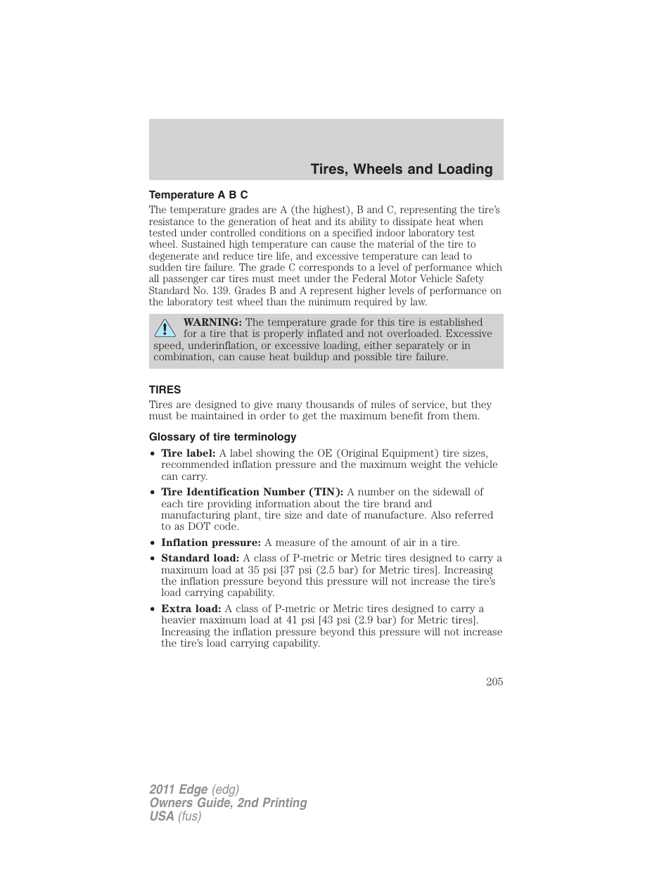 Temperature a b c, Tires, Glossary of tire terminology | Tires, wheels and loading | FORD 2011 Edge v.2 User Manual | Page 205 / 394