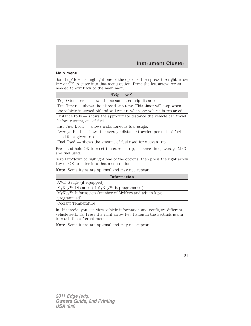 Main menu, Instrument cluster | FORD 2011 Edge v.2 User Manual | Page 21 / 394