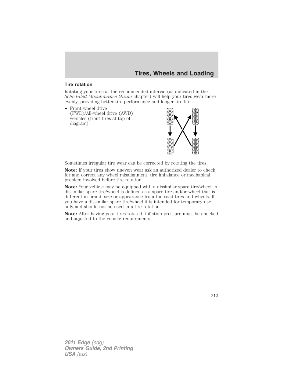 Tire rotation, Tires, wheels and loading | FORD 2011 Edge v.2 User Manual | Page 213 / 394