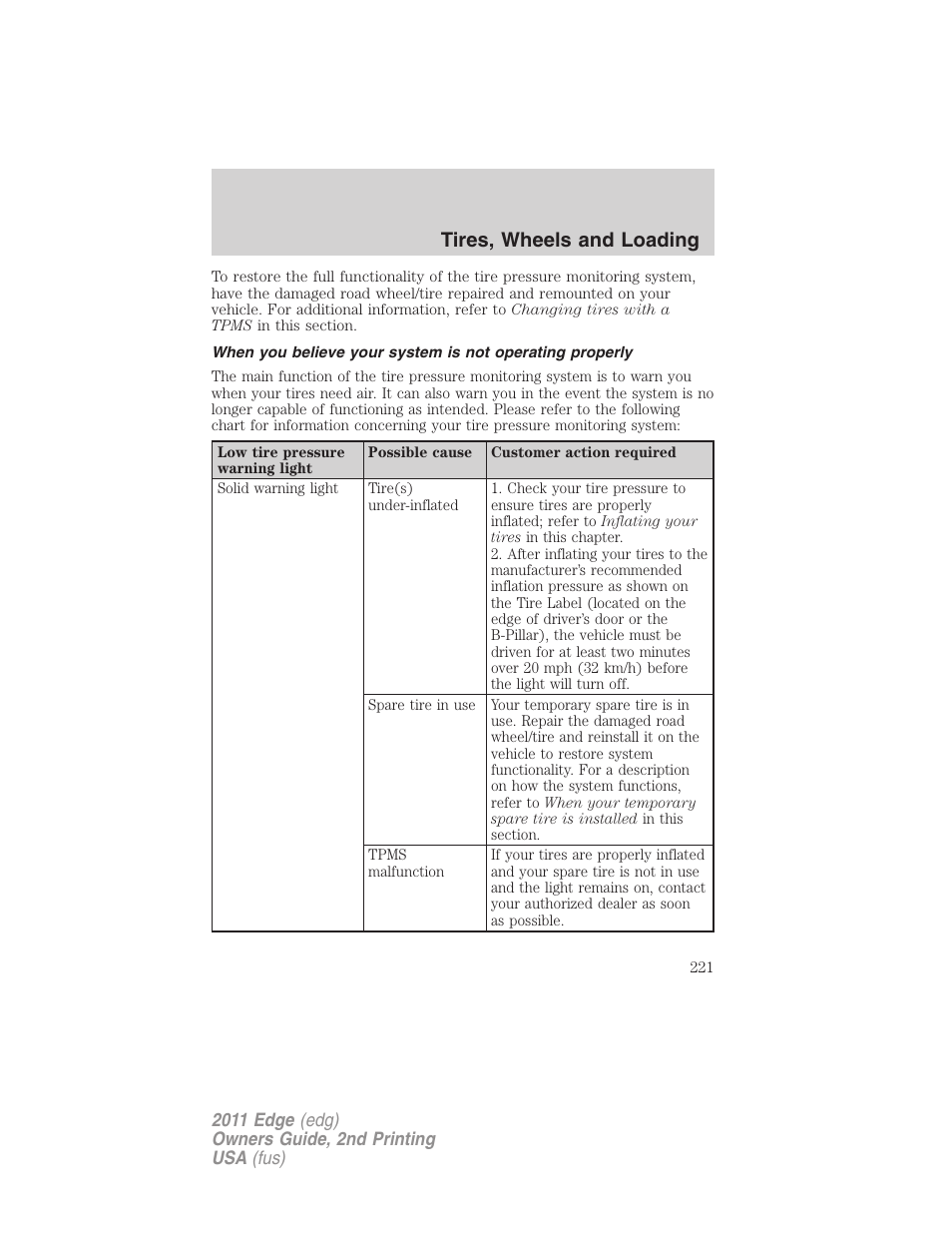 Tires, wheels and loading | FORD 2011 Edge v.2 User Manual | Page 221 / 394