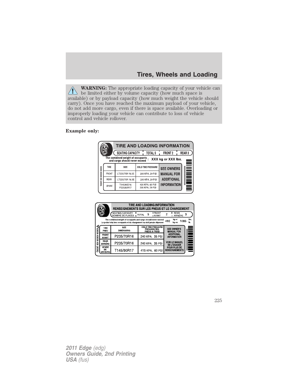 Tires, wheels and loading | FORD 2011 Edge v.2 User Manual | Page 225 / 394