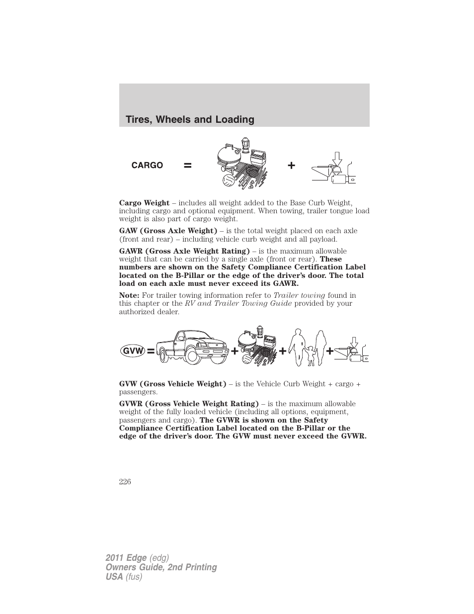 Tires, wheels and loading | FORD 2011 Edge v.2 User Manual | Page 226 / 394