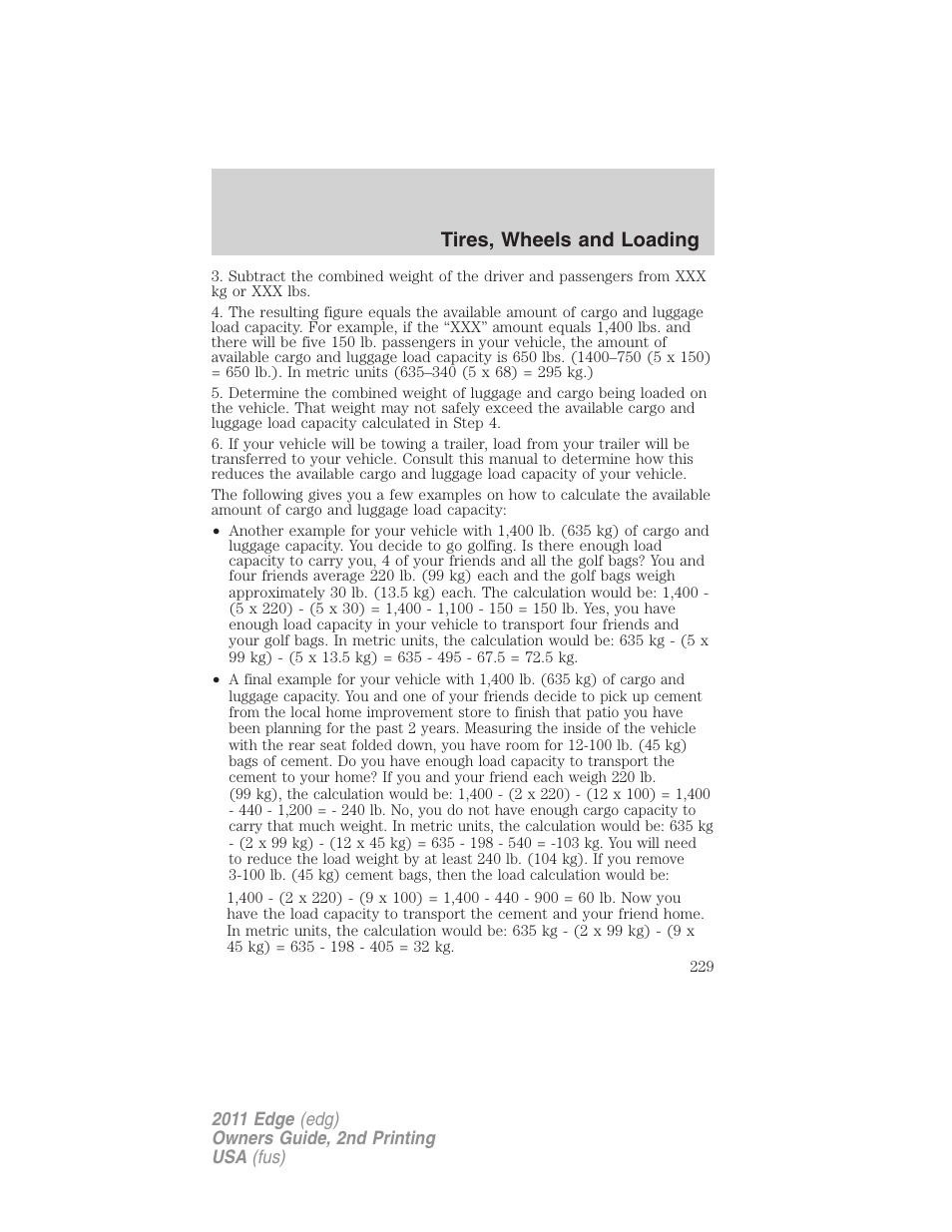 Tires, wheels and loading | FORD 2011 Edge v.2 User Manual | Page 229 / 394
