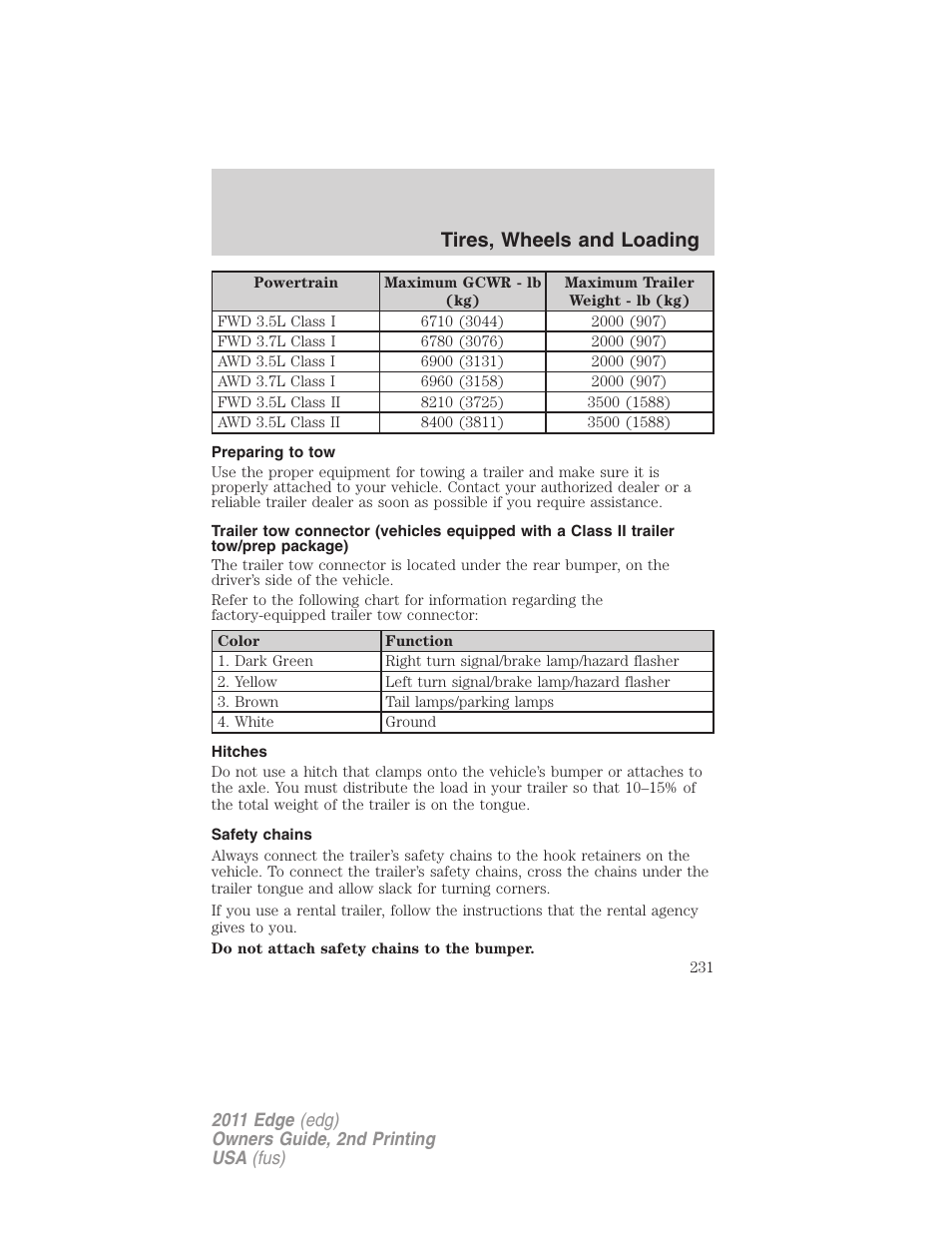 Preparing to tow, Hitches, Safety chains | Tires, wheels and loading | FORD 2011 Edge v.2 User Manual | Page 231 / 394
