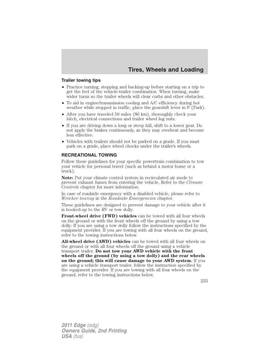 Trailer towing tips, Recreational towing, Tires, wheels and loading | FORD 2011 Edge v.2 User Manual | Page 233 / 394