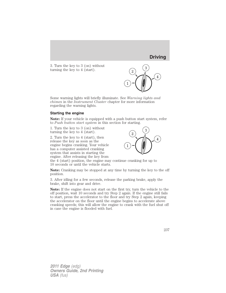 Starting the engine, Driving | FORD 2011 Edge v.2 User Manual | Page 237 / 394