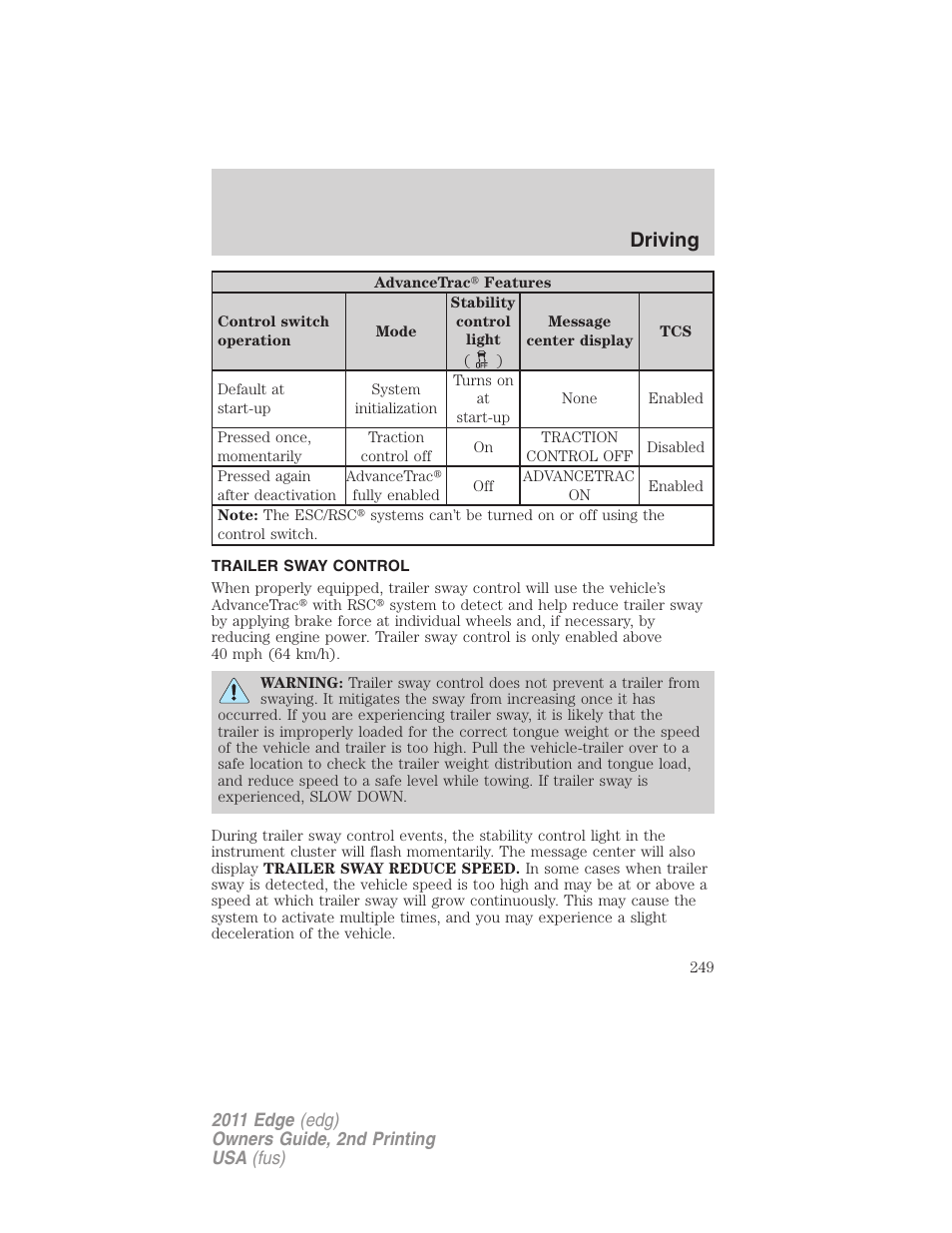 Trailer sway control, Driving | FORD 2011 Edge v.2 User Manual | Page 249 / 394
