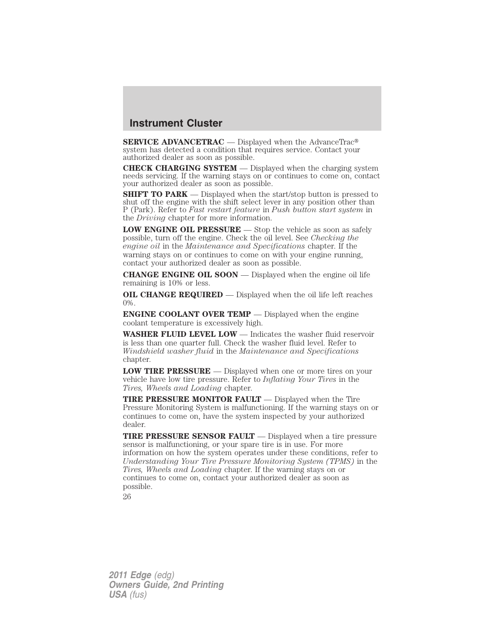 Instrument cluster | FORD 2011 Edge v.2 User Manual | Page 26 / 394