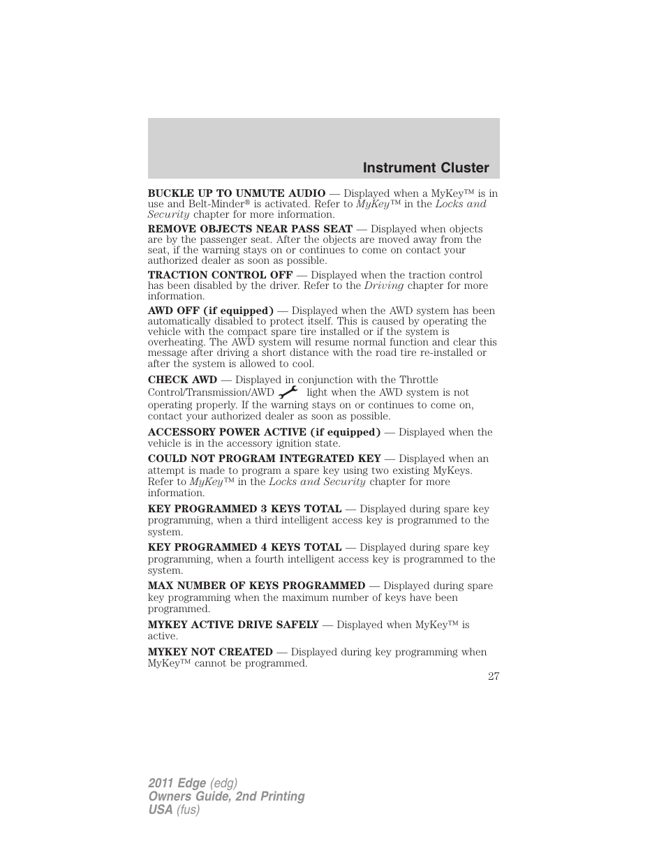 Instrument cluster | FORD 2011 Edge v.2 User Manual | Page 27 / 394
