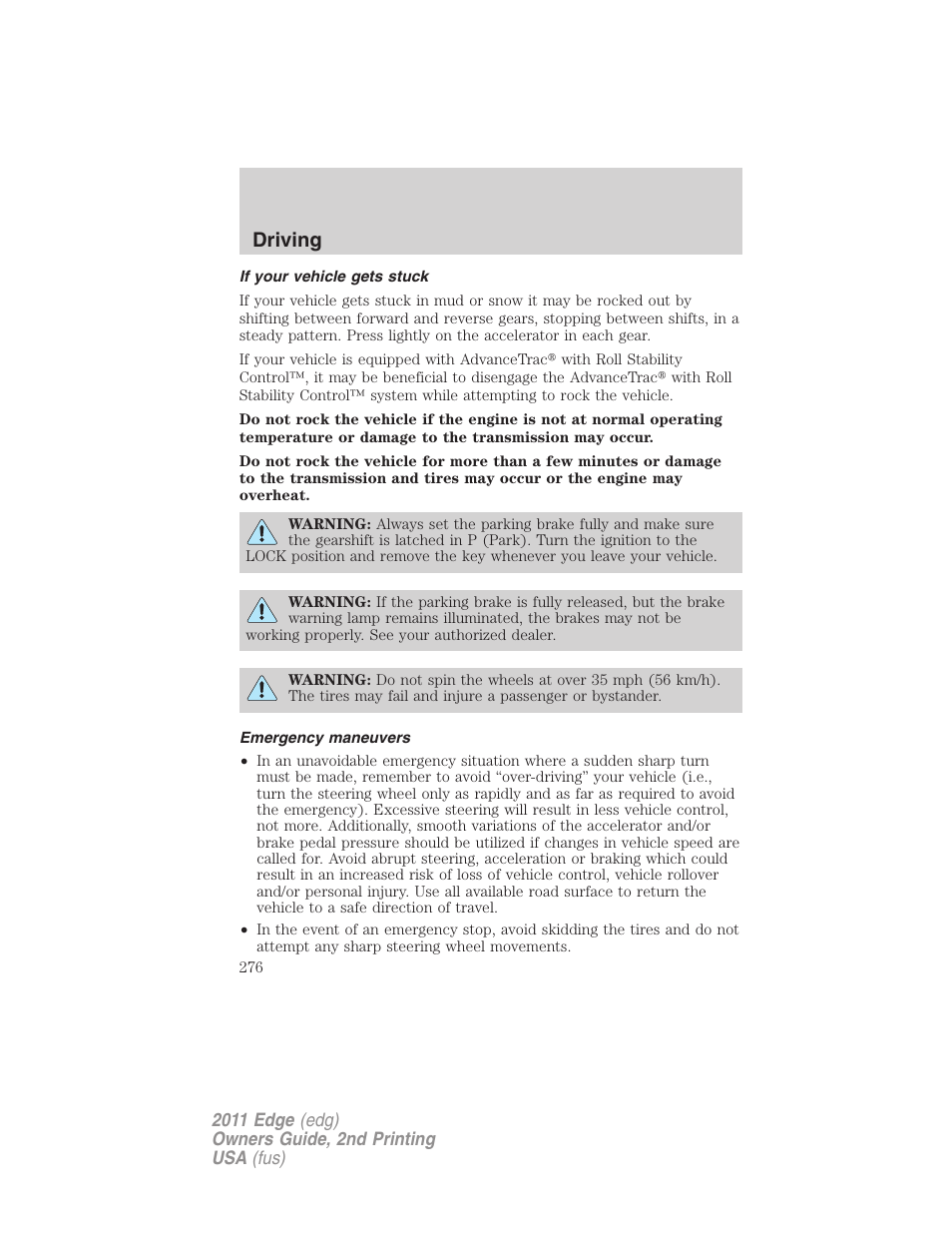 If your vehicle gets stuck, Emergency maneuvers, Driving | FORD 2011 Edge v.2 User Manual | Page 276 / 394
