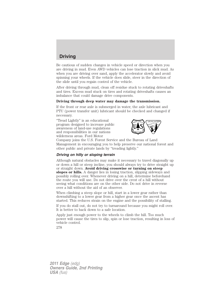Driving on hilly or sloping terrain, Driving | FORD 2011 Edge v.2 User Manual | Page 278 / 394