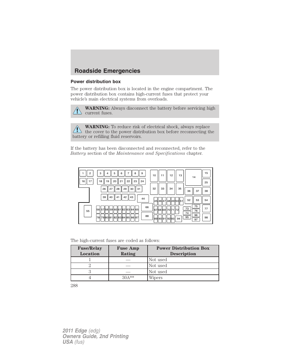 Power distribution box, Roadside emergencies | FORD 2011 Edge v.2 User Manual | Page 288 / 394