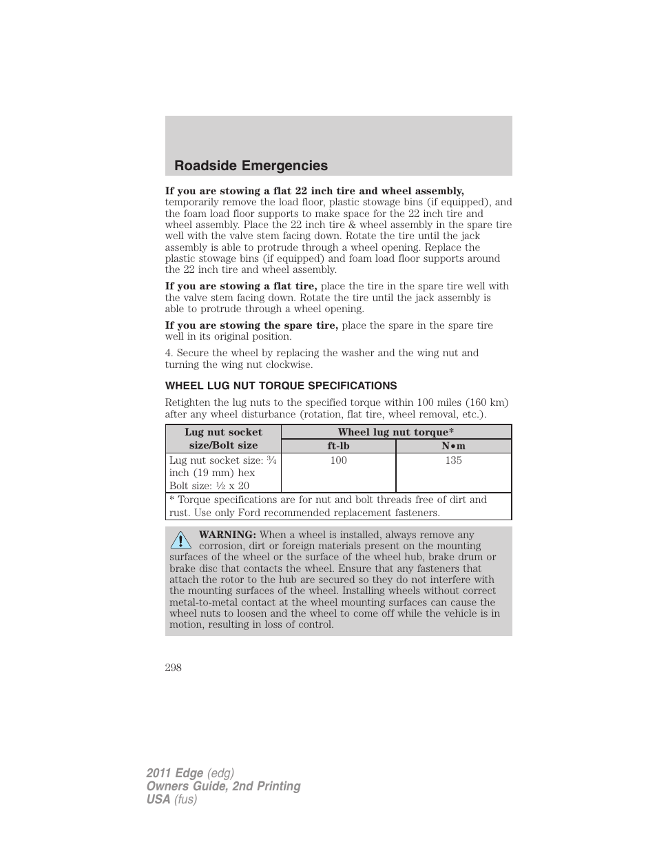 Wheel lug nut torque specifications, Wheel lug nut torque, Roadside emergencies | FORD 2011 Edge v.2 User Manual | Page 298 / 394