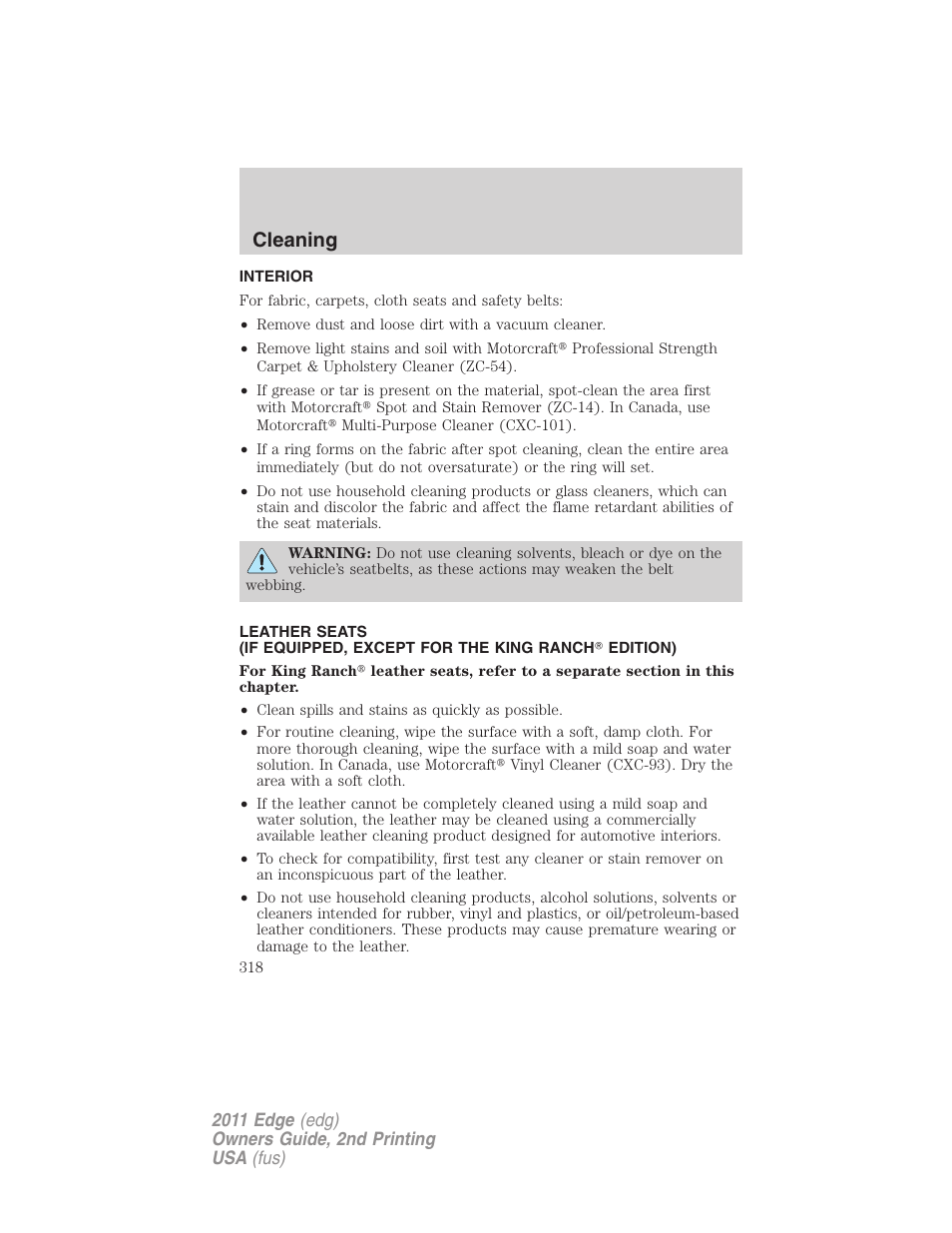 Interior, Cleaning | FORD 2011 Edge v.2 User Manual | Page 318 / 394