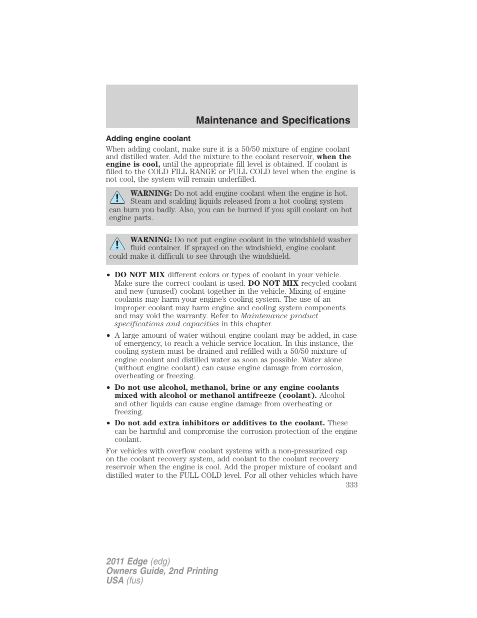 Adding engine coolant, Maintenance and specifications | FORD 2011 Edge v.2 User Manual | Page 333 / 394