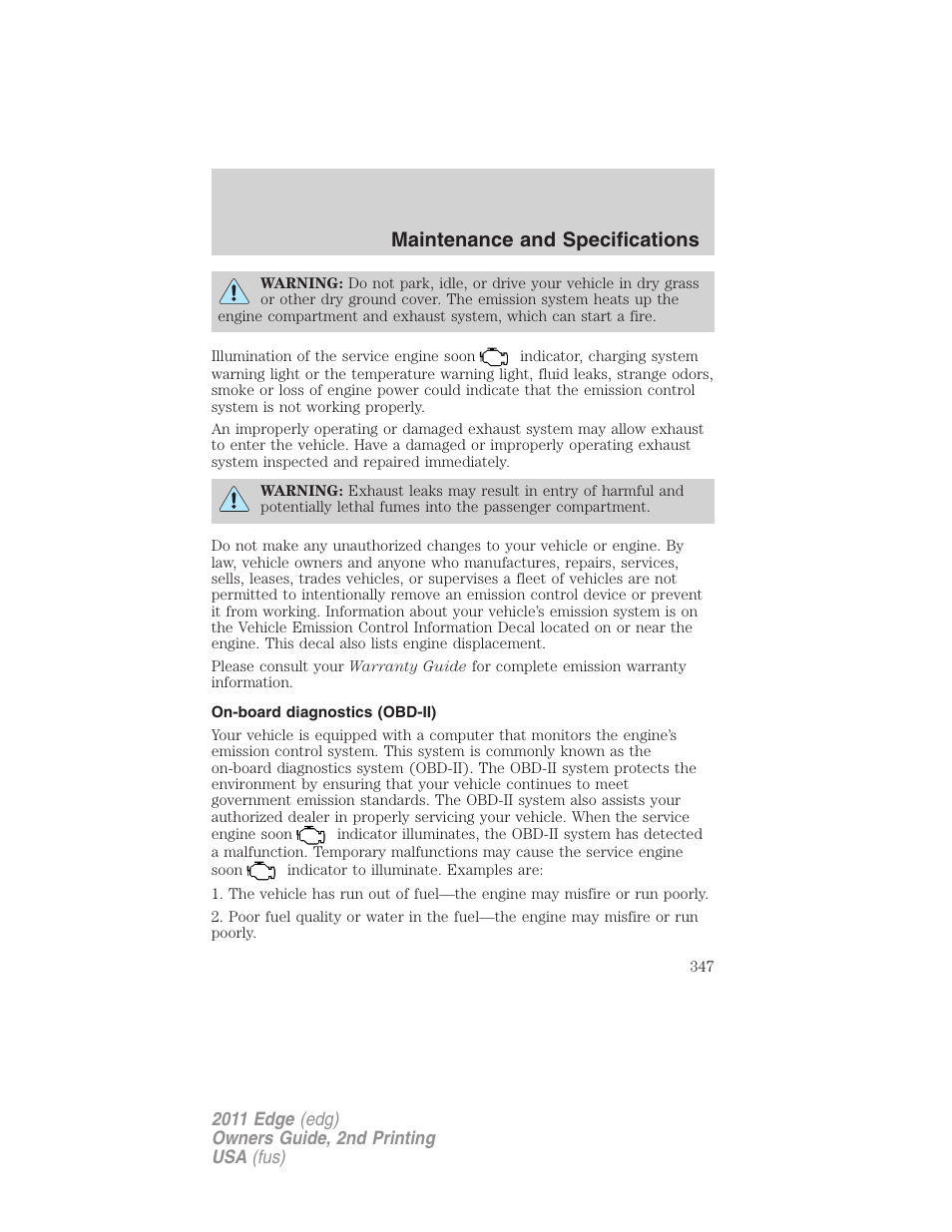 On-board diagnostics (obd-ii), Maintenance and specifications | FORD 2011 Edge v.2 User Manual | Page 347 / 394