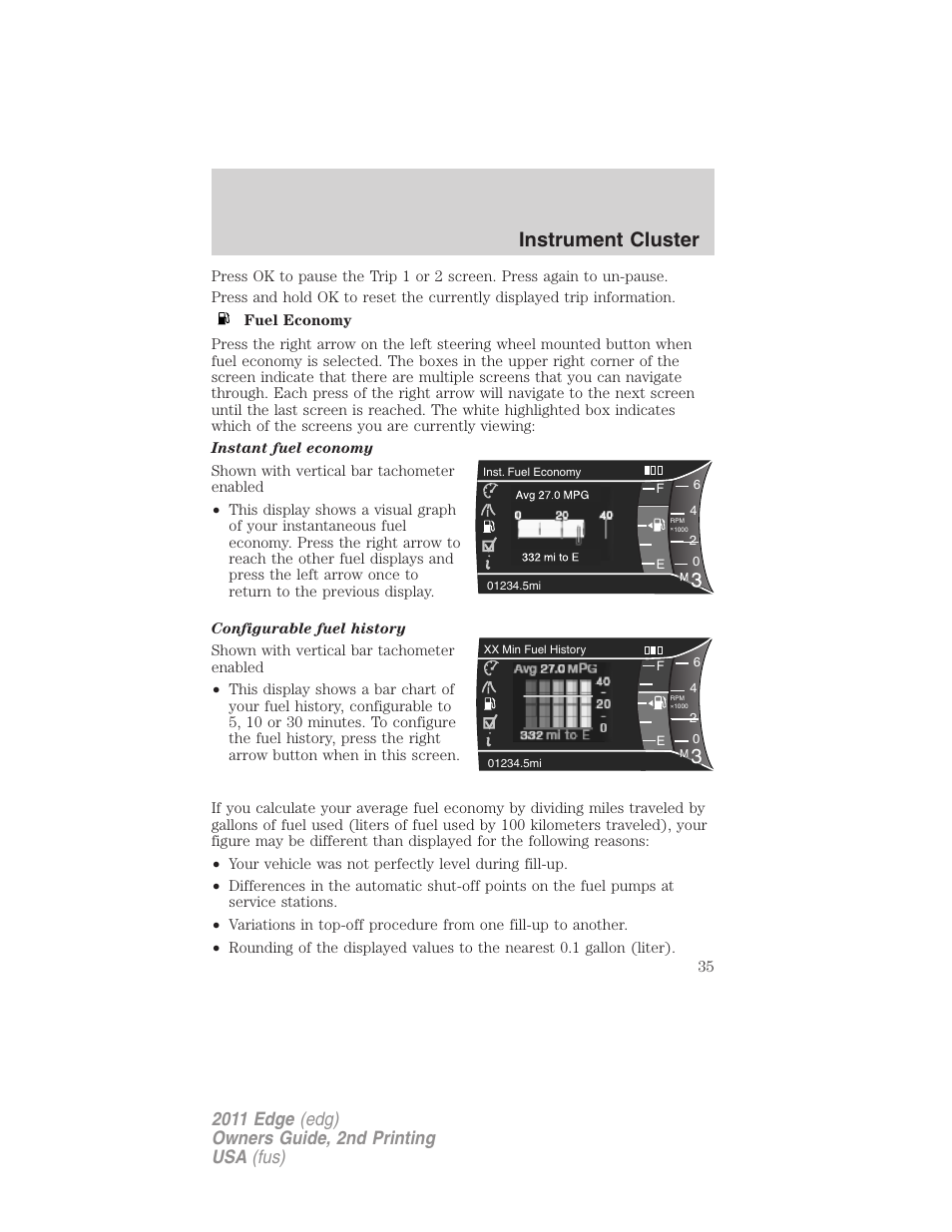 3instrument cluster | FORD 2011 Edge v.2 User Manual | Page 35 / 394