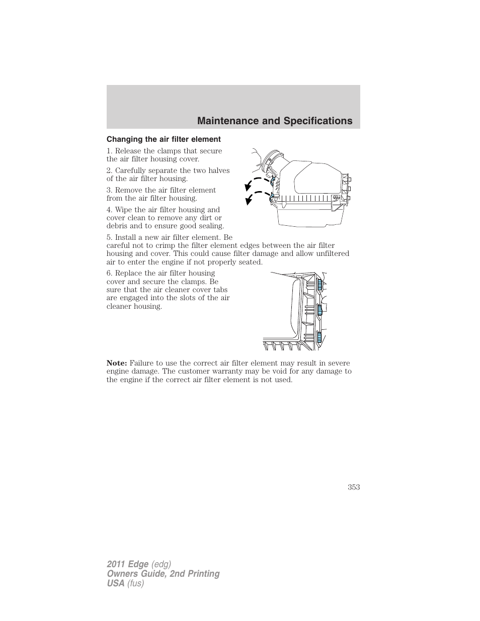 Changing the air filter element, Maintenance and specifications | FORD 2011 Edge v.2 User Manual | Page 353 / 394