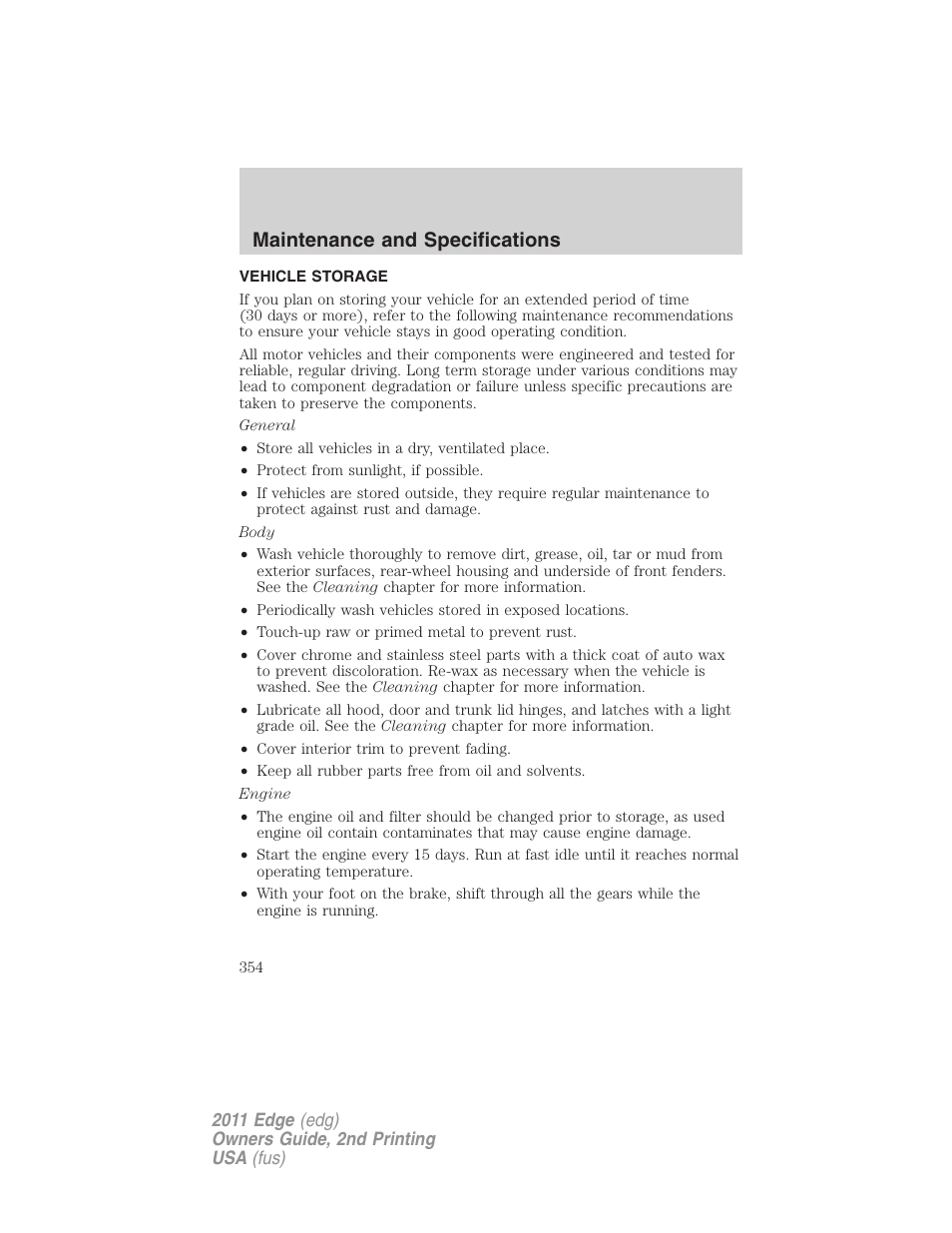 Vehicle storage, Maintenance and specifications | FORD 2011 Edge v.2 User Manual | Page 354 / 394