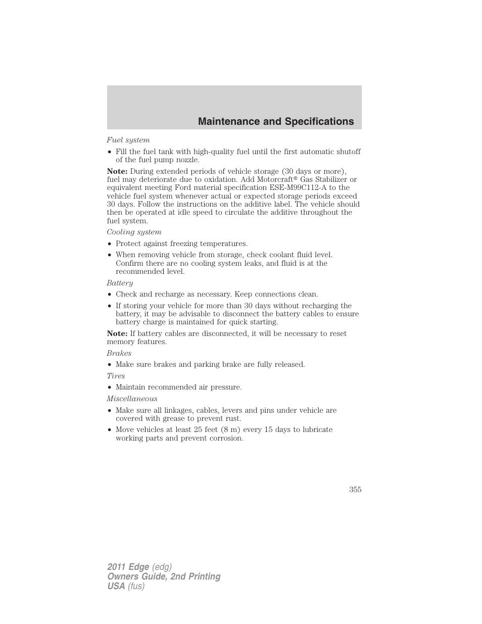 Maintenance and specifications | FORD 2011 Edge v.2 User Manual | Page 355 / 394