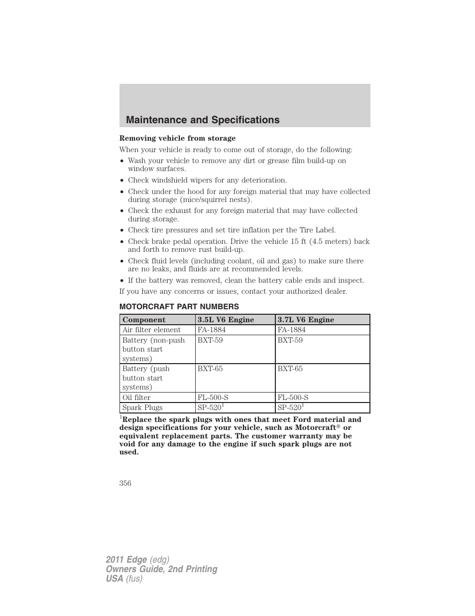 Motorcraft part numbers, Part numbers, Maintenance and specifications | FORD 2011 Edge v.2 User Manual | Page 356 / 394