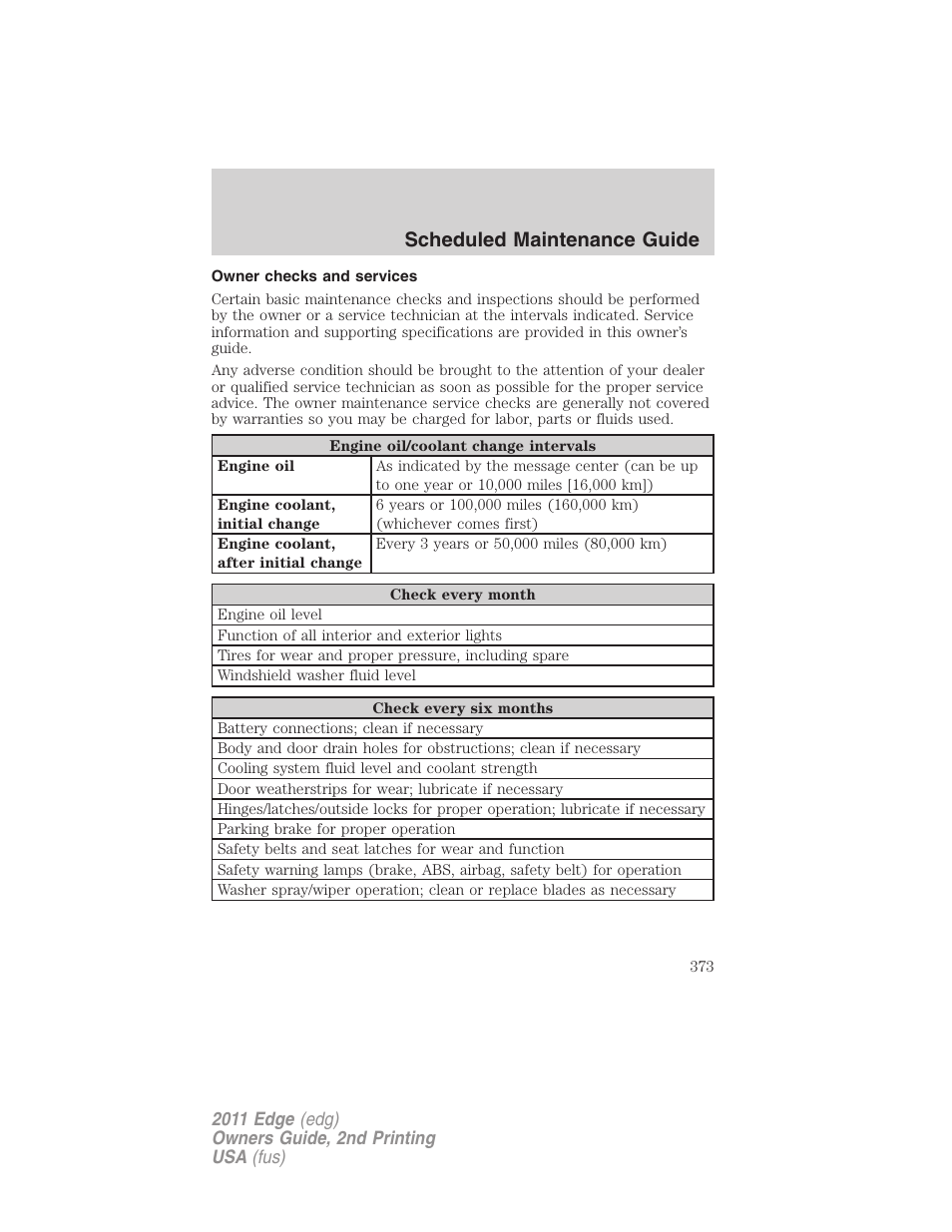 Owner checks and services, Scheduled maintenance guide | FORD 2011 Edge v.2 User Manual | Page 373 / 394