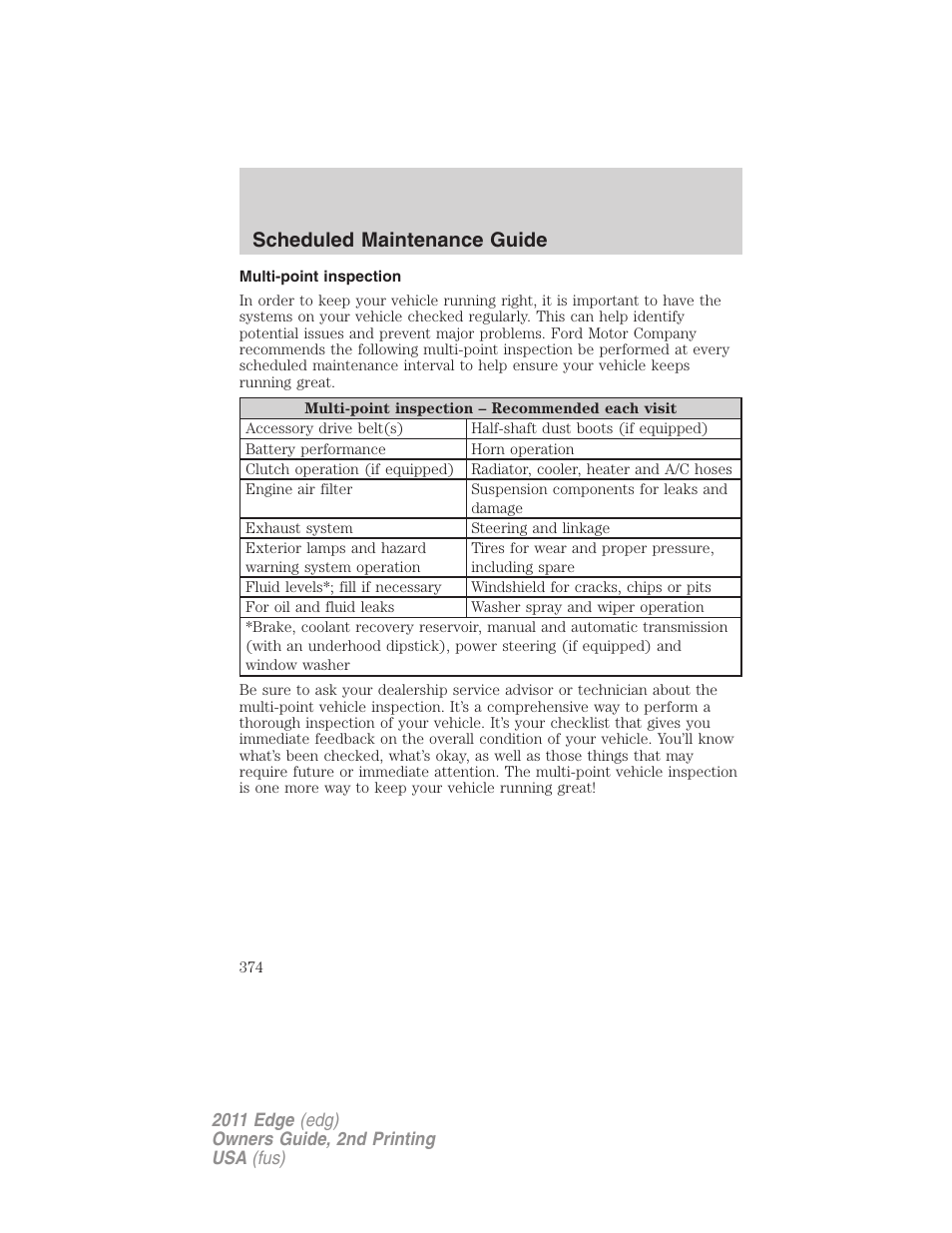 Multi-point inspection, Scheduled maintenance guide | FORD 2011 Edge v.2 User Manual | Page 374 / 394