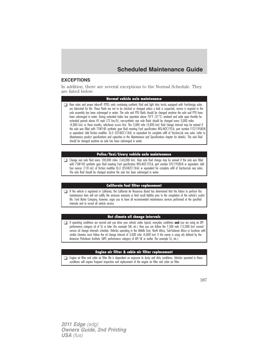 Exceptions, Scheduled maintenance guide | FORD 2011 Edge v.2 User Manual | Page 387 / 394