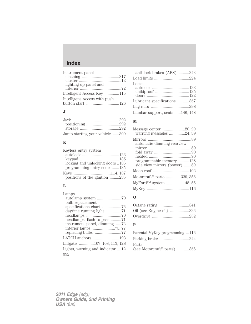Index | FORD 2011 Edge v.2 User Manual | Page 392 / 394