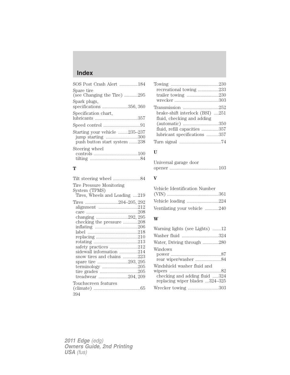 Index | FORD 2011 Edge v.2 User Manual | Page 394 / 394