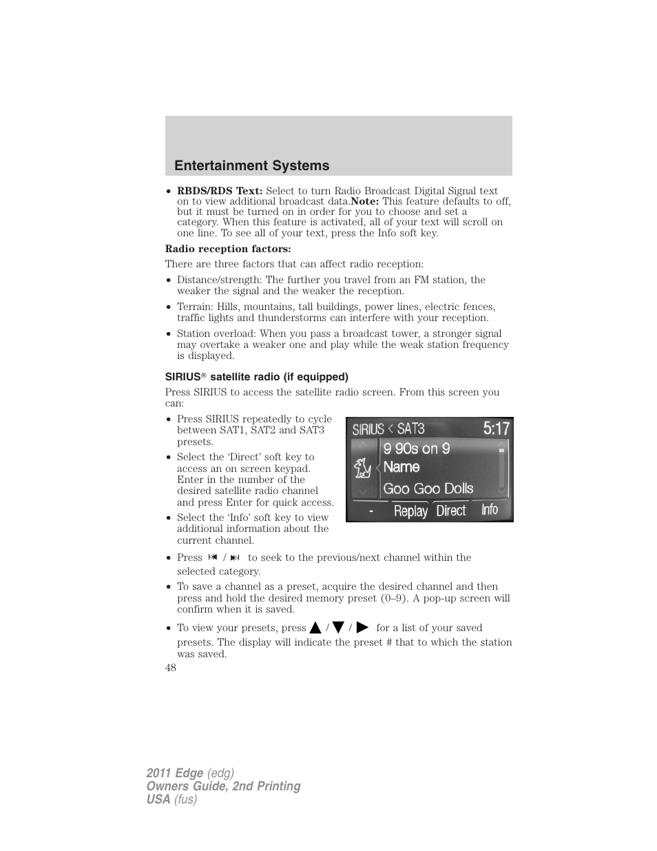 Sirius satellite radio (if equipped), Entertainment systems | FORD 2011 Edge v.2 User Manual | Page 48 / 394